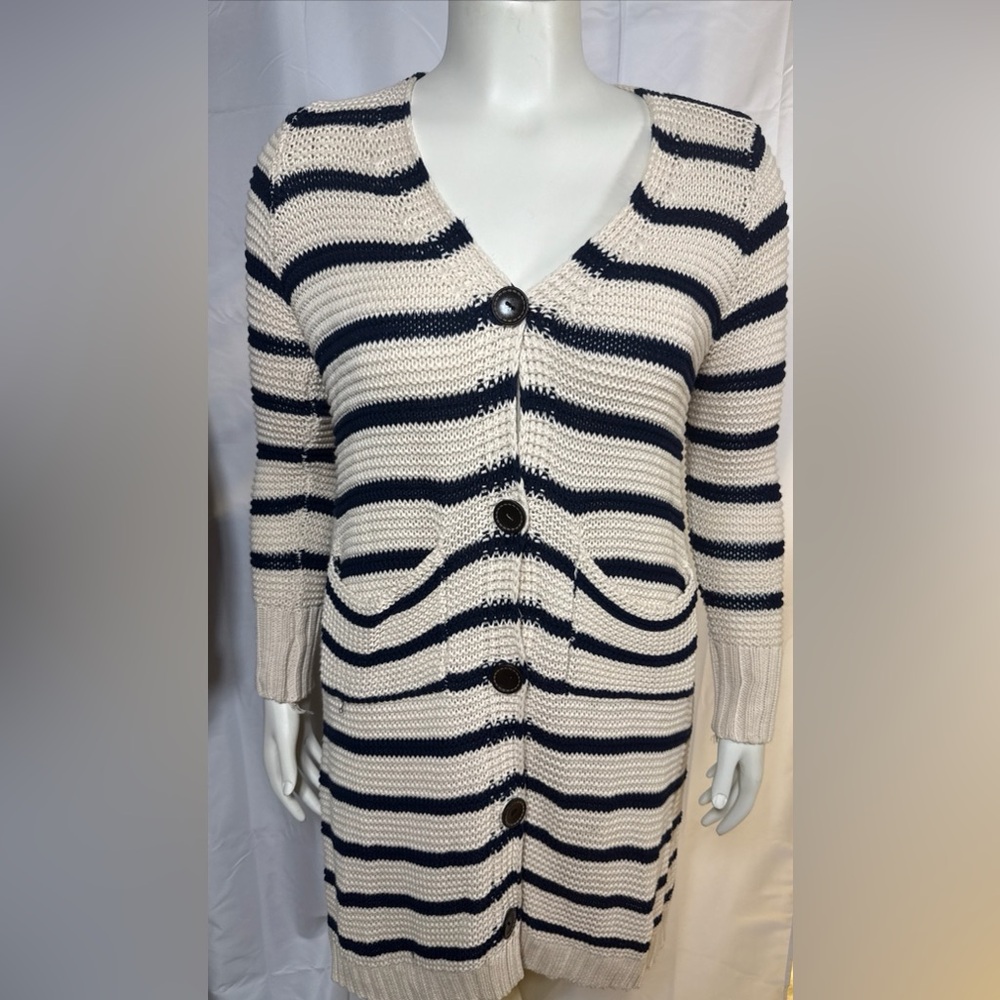 Altar’d State Women’s Cardigan Size M/L Cream & Navy Striped Button Up Sweater